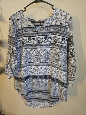 Chico's Black and White Floral-Stripes Tunic
